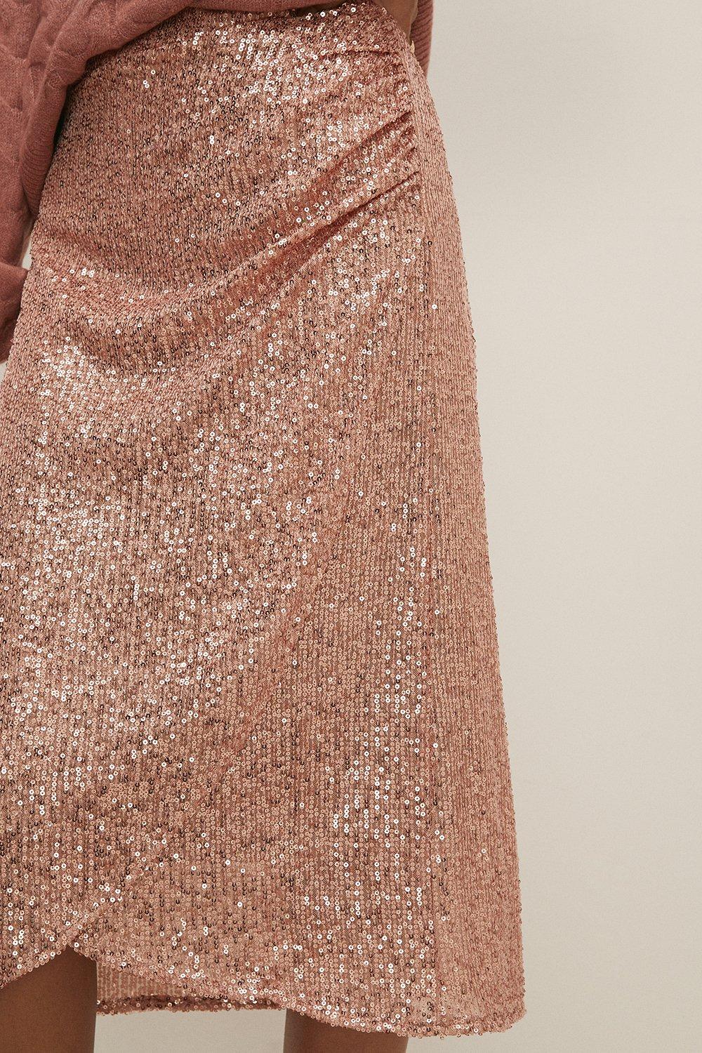 Sequin Wrap Ruched Side Midi Skirt | Oasis